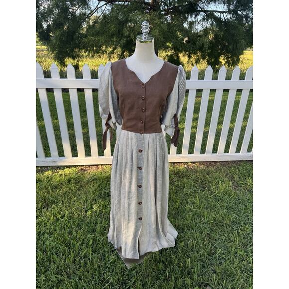 Vintage 70s Style Nur Trocken Reinigen 100% Linen Maxi Prairie Dress Boho Large - Picture 2 of 16